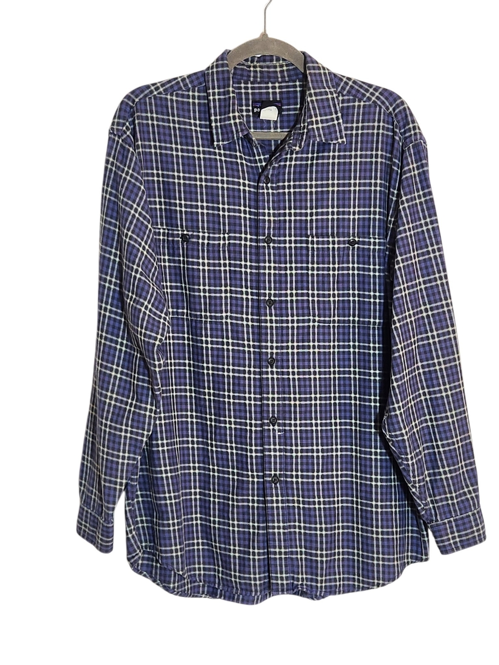 Patagonia Mens Purple Plaid Button Down Shirt Size Medium Flaw